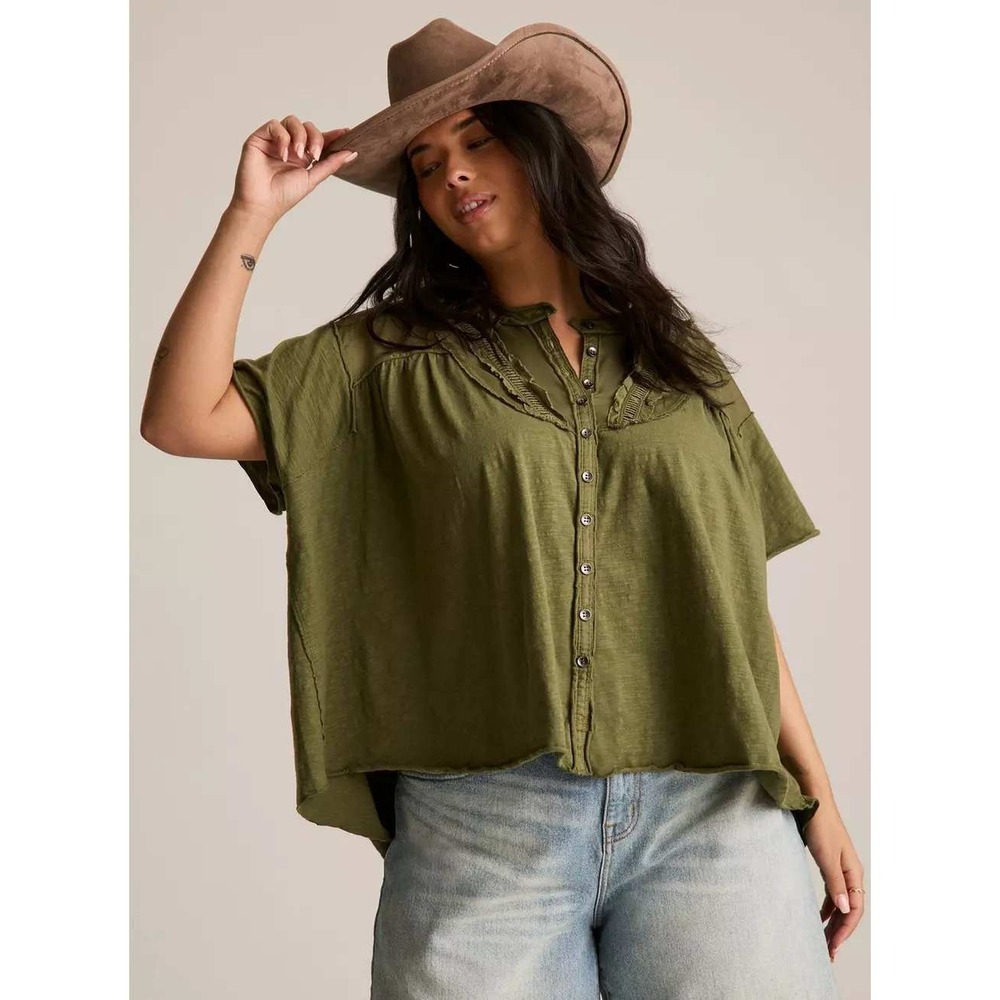 Torrid Festi Olivine Green Cotton Slub Raglan Dolman Sleeve 2X Boho Lagenlook - Picture 2 of 8